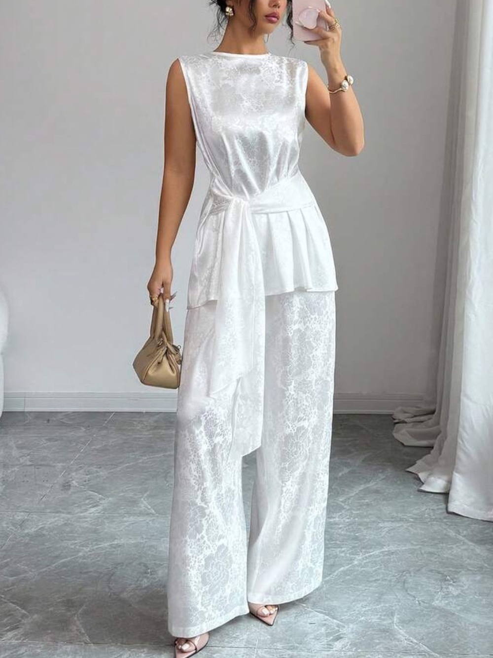White Satin Jacquard Wide-Leg Pants with Draped Peplum Waist Top